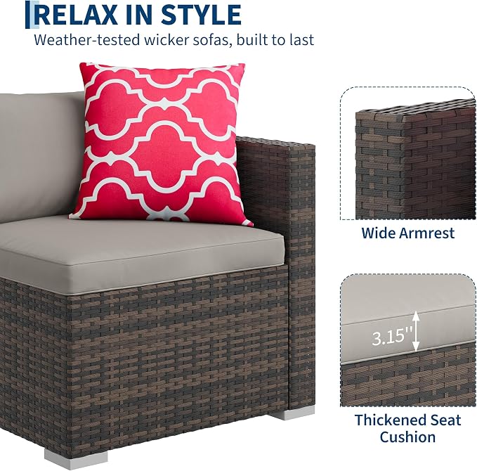 PeakPursuit Outdoor Patio Furniture Set, 5 Pieces Rattan Patio Conversation Sets with Glass Coffee Table and Cushion,All Weather Outdoor Patio Sofa for Garden, Poolside, Backyard,Grey