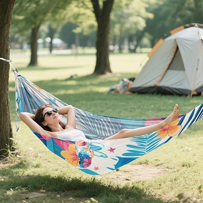 Tropical Leaves Red Hibiscus Flowers Starfish Hawaiian Style 330lb Capacity Camping Hammock Rope Hammock for Outside Patio Garden soporte para hamacas para adultos