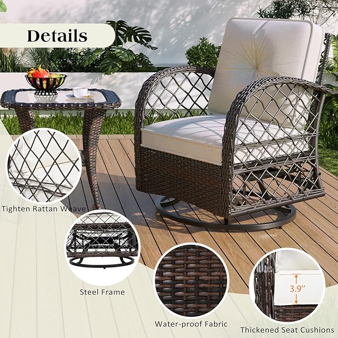 3-Piece Outdoor Chair&Table Set Chat Set, Patio Wicker Chairs Swivel Rocker, Patio Conversation Set with Two Swivel Chairs and a Square Table, 2-Person Rattan Seating Groupfor Deck Backyard, Brown