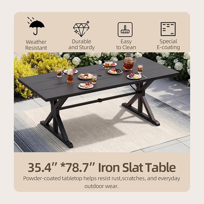 7 Pieces Patio Dining Set Outdoor Conversation Set,Metal Outdoor Furniture Set with Umbrella Hole Cut-Out 78.7" x 35.4" Table and 8 Metal Chairs for Backyard,Garden,Navy
