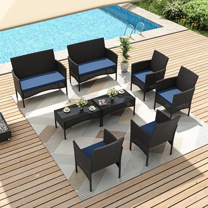 Gotland 8 Pieces Patio Furniture Set, Wicker Outdoor Furniture with 4 Chairs 2 Loveseats 2 Glass Coffee Tables, Weather-Resistant Patio Set, Conversation Set for Backyard Pool Porch Navy