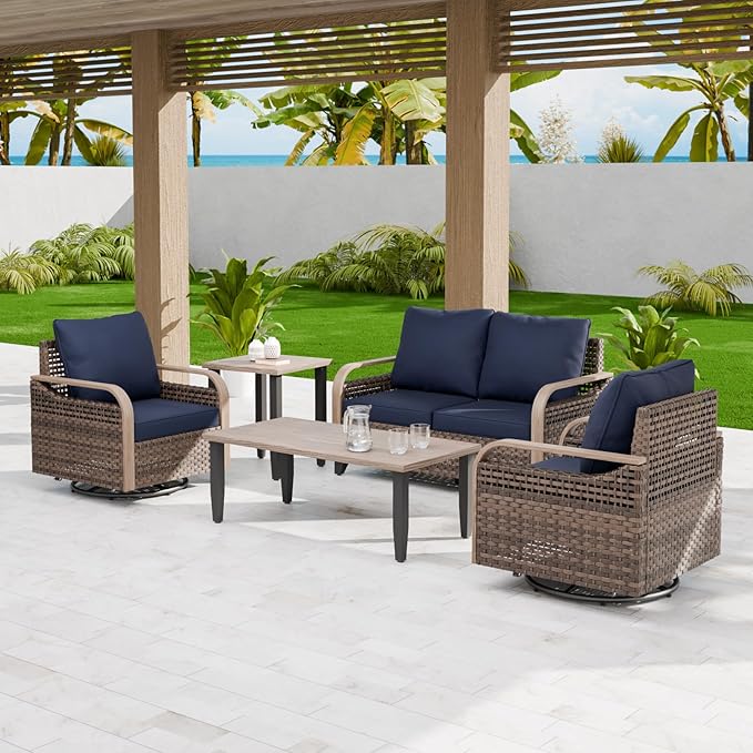EAGLE PEAK Modern Wicker Outdoor Patio Furniture Set, Patio Conversation Set, 2 Swivel Rocking Chairs, 2-Seat Loveseat, Coffee Table and Side Table, 5 Pieces, Brown/Blue