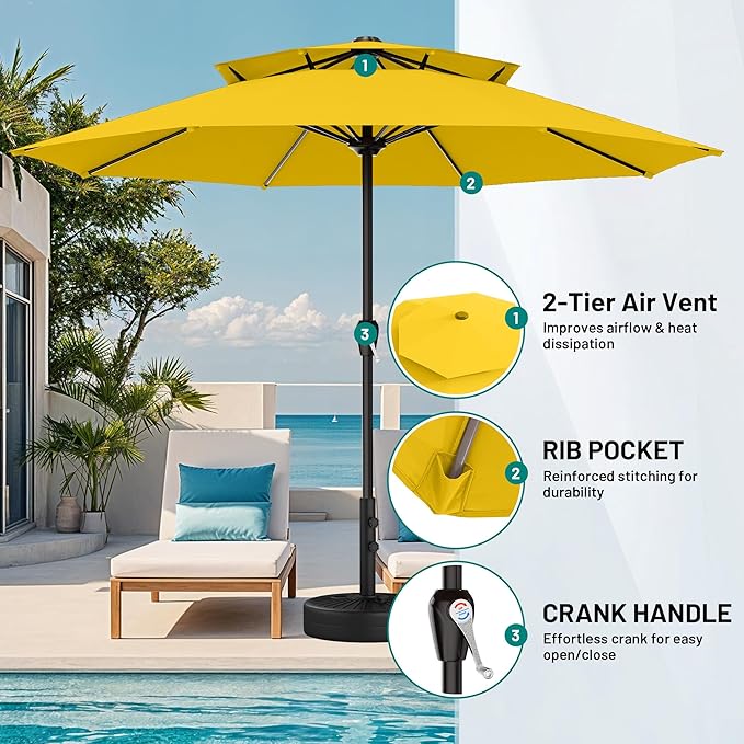 AreShark 12ft 2 Tiers Patio Umbrella - Outdoor Umbrella Waterproof UV Protection, Market Table Umbrella w/ 8 Sturdy Ribs&Crank for Pool, Porch, Garden(Yellow)