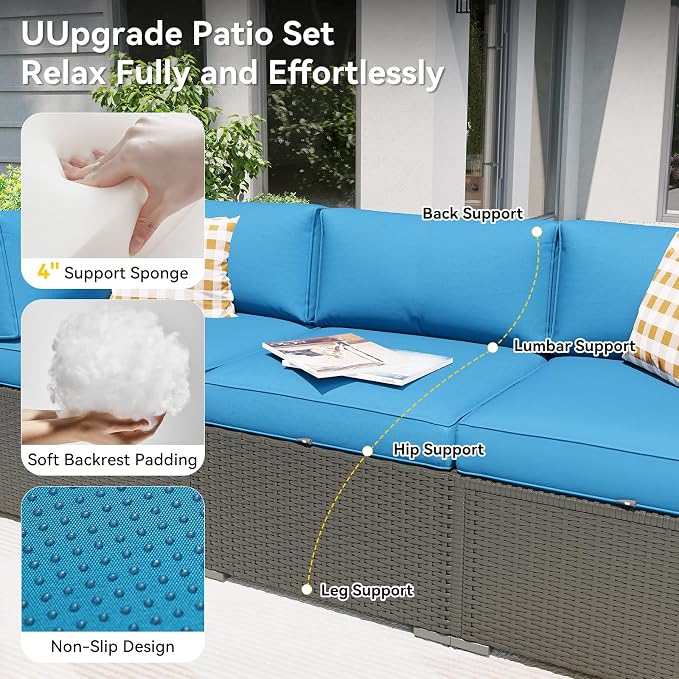 Aoxun Patio Furniture Set with Umbrella, 8 Piece Outdoor Sectional Sofas, Wicker Rattan Outdoor Furniture with Thickened Cushion for Backyard, Garden Peacock Blue