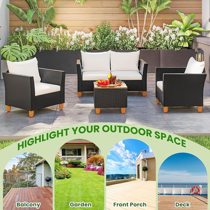 ORALNER 4 Pieces Patio Furniture Set, Outdoor Wicker Conversation Chairs, Loveseat w/Cushion, Acacia Lift-Top Coffee Table, Rattan Set for Balcony Garden Backyard Front Porch Poolside Deck (White)