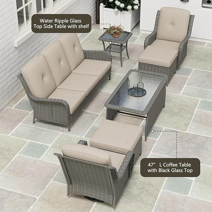 Kinsuite 7 PCS Patio Furniture Set, Outdoor Conversation Sets with Swivel Chairs & Ottomans, All-Weather Gray Wicker Sectional Sofa with Thicken Cushions for Garden, Lawn, Deck, Backyard, Khaki