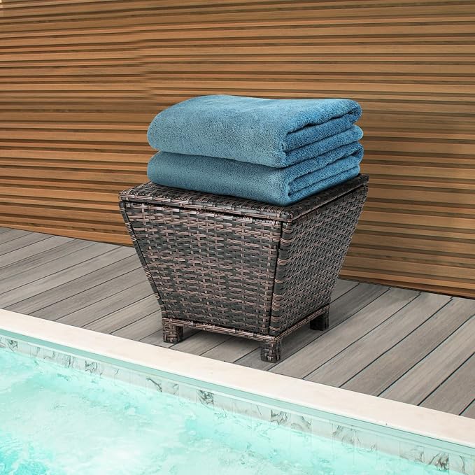 20" Patio Rattan Wicker Side Table,13 Gallon Small Outdoor Rattan Storage Bin,Wicker Side Table,All-Weather Outdoor Storage Box,with Lid,for Garden Porch Deck Backyard (Brown)