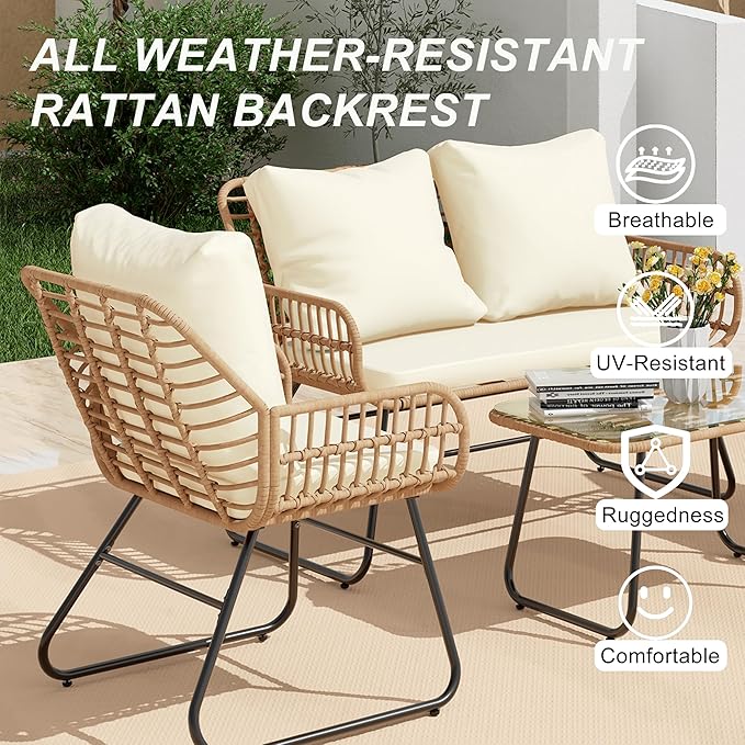 LEX CRAFT 4-Piece Outdoor Patio Furniture Set with Cushions & Tempered Glass Table, All-Weather Rattan Bistro Set with Loveseat Chairs Table Soft Cushions for Garden, Porch, Backyard (Yellow)
