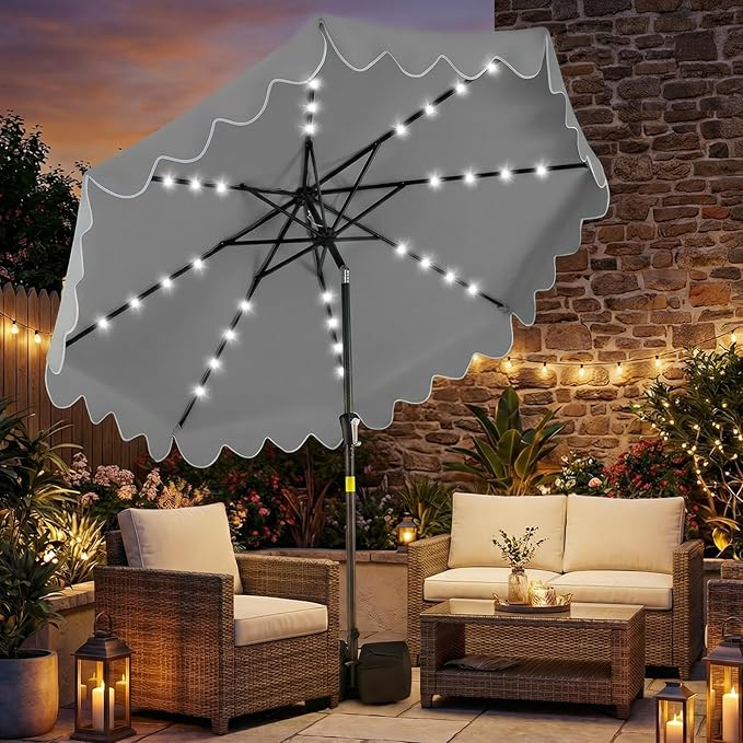 Tangkula 9 FT Solar Patio Umbrella with Base Included, 2-Tiers Outdoor Scalloped Table Umbrella with 32 LED Lights, 2 Sandbags, Tilt Adjustment, Crank, 8 Ribs for Market Backyard Pool Deck Beach Lawn