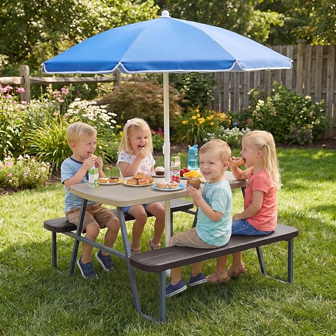 KOTEK Kids Picnic Table with Umbrella, Toddler Outdoor Table and Bench Set, Easy to Clean, HDPE Top & Metal Frame, 660LBS Capacity, Kids Patio Furniture for Backyard Park Garden (Coffee)