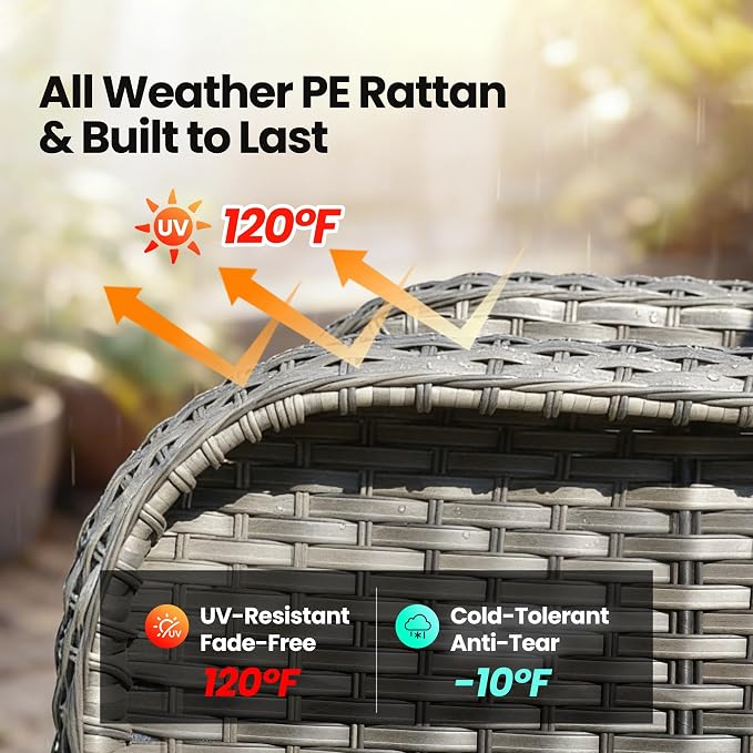 5 Piece Wicker Patio Furniture with Swivel Rocker Chair, Dark Gray | High Back Swivel Rocker Chairs, All Weather Rattan Outdoor Sofa, Solar Lights Table, Modern Conversation Sets, Deck Backyard
