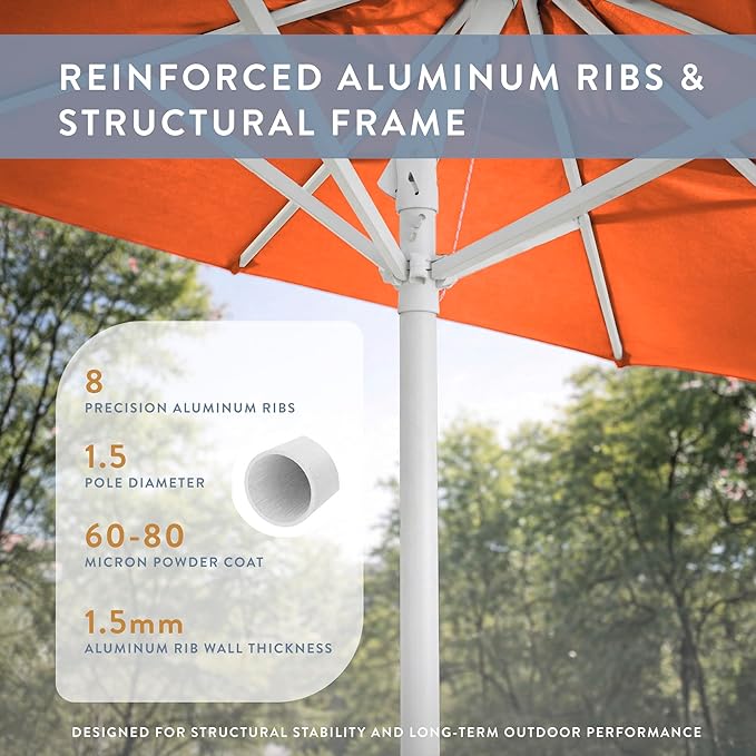 California Umbrella 12-Year Protection 9-Ft Outdoor Patio Umbrella, Sunbrella Fade-Resistant Fabric, Auto-Tilt, Heavy Duty Aluminum Frame, 8 Reinforced Ribs for Pool or Deck, White Pole, Tangerine