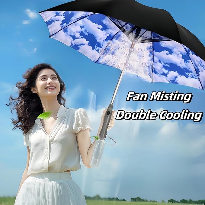 Umbrella with Fan & Mist Spray - Rechargeable UV Protective Cooling Umbrella for Patio, Beach, Travel | Portable Misting System & Detachable Water Bottle Included