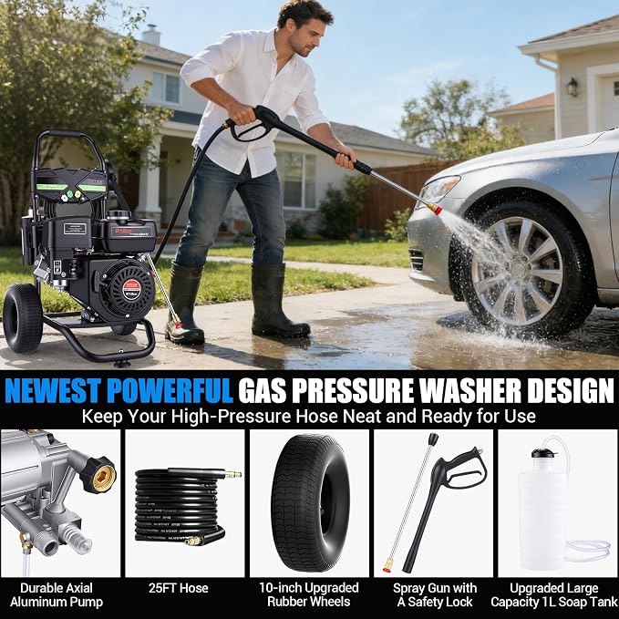 4200PSI Gas Pressure Washer 4.0GPM Gas Power Washer 212CC Gas Powered Washing Machine Commercial High Pressure Washer with 25ft Hose&5 Nozzles for Patio Garden Yard Vehicle,EPA/CARB/ETL