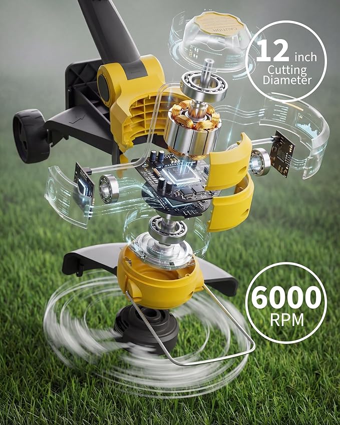 IDEALHOUSE 20V Cordless String Trimmer/Edger, 2-in-1 Weed Trimmer with Guide Wheel for Clean Edges, 12" Cutting Swath, Adjustable Length, Includes 8 Spools, Black & Yellow