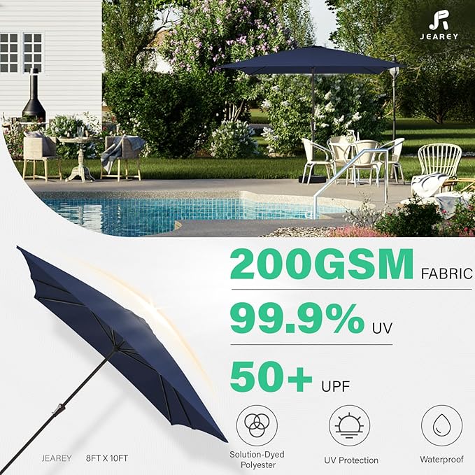 JEAREY 8x10 ft Rectangular Patio Umbrellas Outdoor Table Market Umbrella w/Crank, 8 Sturdy Ribs, UV Protection Windproof Sunproof for Garden, Deck, Backyard, Pool(Navy Blue)