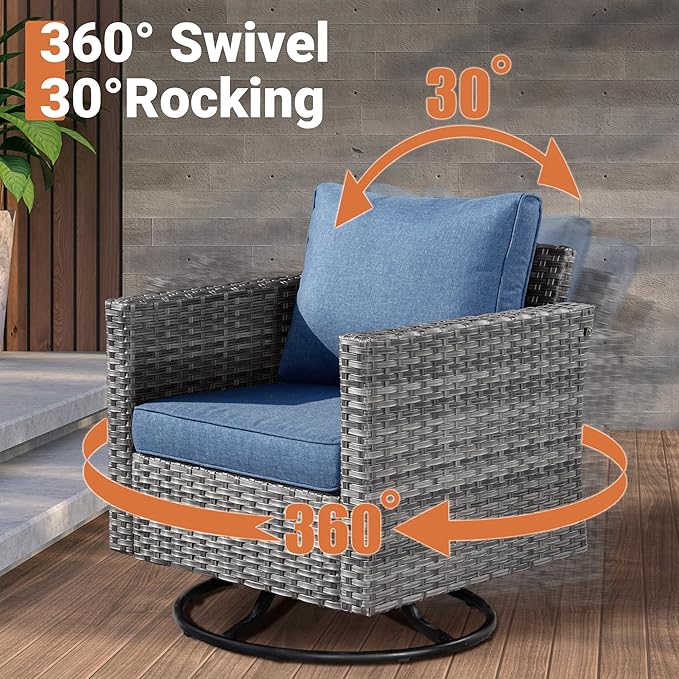 ovios 11 Piece Outdoor Patio Furniture Set with Fire Pit Table,Conversation Sectional Wicker Couch with Swivel Chairs,Modern Outside Sofa for Balcony Backyard, Blue