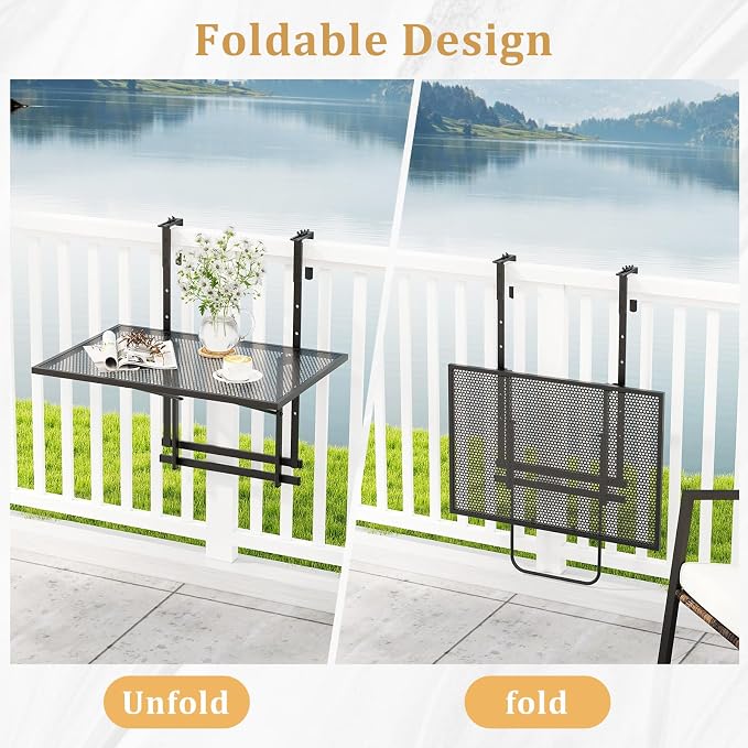 HAPPYGRILL Balcony Railing Table, Outdoor Folding Hanging Table with 5 Adjustable Heights, Heavy Duty Metal Hanging Bar Table for Patio, Garden and Deck