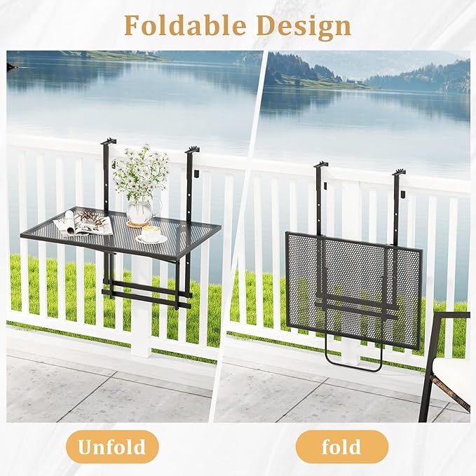 LDAILY Balcony Railing Table, Large Metal Folding Hanging Table with 5-Level Adjustable Height, Heavy-Duty Outdoor Bar Table Fits 1.4”-4” Railings for Patio, Porch, Deck, Black
