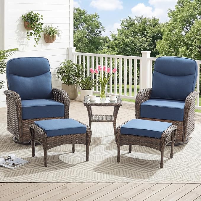 Outdoor Swivel Rocking Chair Patio Set (5-Piece), High-Back - Thick Cushion Swivel Rocking Chair Patio Set, All-Weather Wicker Patio Furniture Set, Suitable for Balcony Patios, Brown/Blue