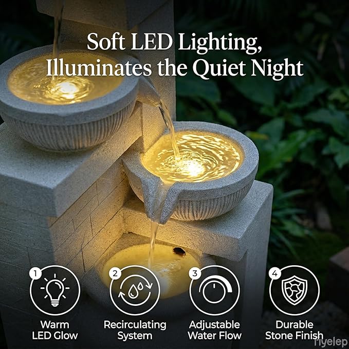 42.52" 4-Tier Outdoor Garden Water Fountain, Floor-Standing Cascading Waterfall with LED Lights, Rustic Pot Water Feature for Patio, Backyard, Deck, Porch, Indoor Outdoor Home Decor