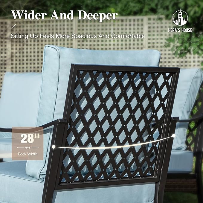 HERA'S HOUSE 5 Piece Metal Patio Furniture Set with 56" Fire Pit Table, All Weather Outdoor Conversation Set, 3 Seat Sofa with Loveseat, 2 Rocking Chairs, Seats 7 for Backyard, Garden, Deck, Blue