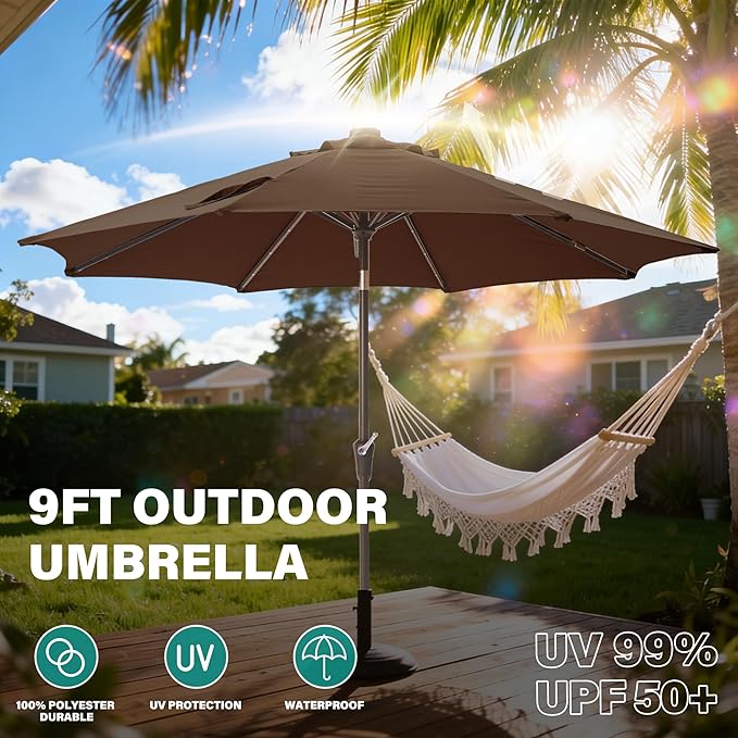 9FT Solar-Powered LED Patio Umbrella with Tilt Crank,Outdoor Market Umbrella with 32 Lights,Sunshade for Deck, Garden and Pool