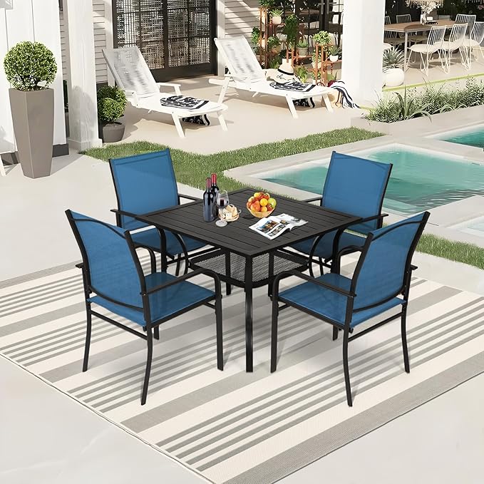 Incbruce 5 Pieces Patio Dining Set, Outdoor Dining Set of 4 Textilene Chairs and Square Table with Umbrella Hole for Backyard, Garden, and Poolside (Blue)
