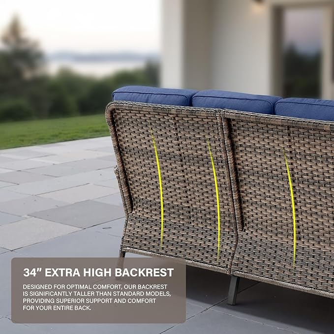 Belord 8 Pieces Patio Conversation Set with 43” Propane Fire Pit Table, Outdoor Sectional Furniture Sofa Set with Removable Blue Cushions for Patio Deck Backyard Brown