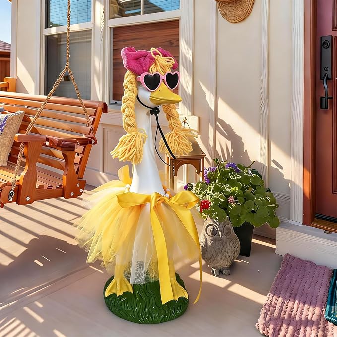 Porch Goose Garden Decor Statues - 20" Large Resin Lawn Goose Sculpture, Cute Spring Porch Goose Outfit with Braided Hair and Skirt for Outdoor Lawn Garden Decor, Funny Farmhouse Porch Decoration