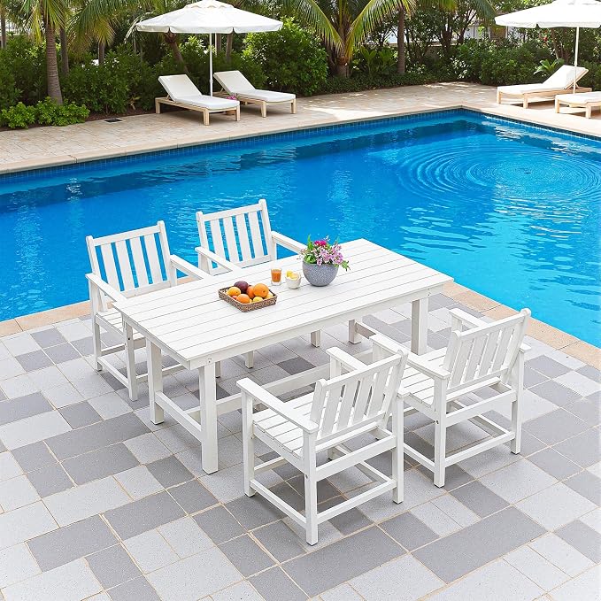 Outdoor Patio Dining Table Set, 5-Piece Outdoor HDPE Dining Furniture Sets with Umbrella Hole Table and 4 Chairs for Backyard, Garden, Lawn, Poolside, White