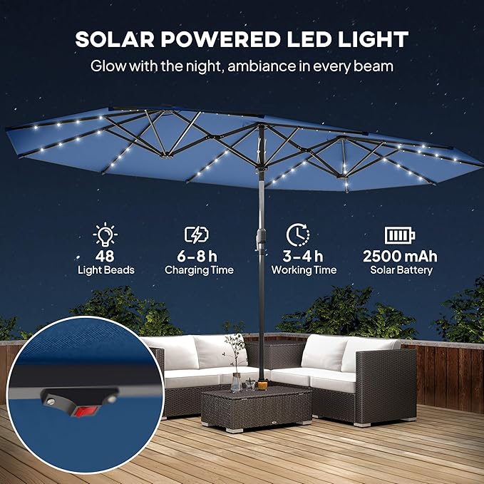 Outsunny 14.8ft Double Umbrella, Large Outdoor Patio Sun Shade with LED Solar Light for Garden
