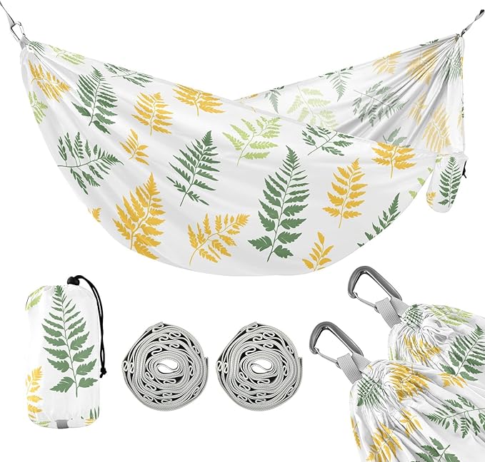 Camping Hammock Outdoor Hammocks for Outside Ferns Green Yellow Leaves Beach Trees Portable Lightweight with Pockets Tree Straps Indoor Small