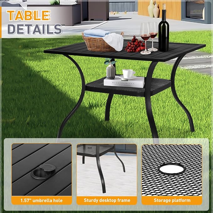 SUNCROWN 6-Piece Outdoor Wrought Iron Chairs and Table Patio Dining Furniture Set - 4 Stackable Metal Chairs, 1 Steel Slat Bistro Table and 1 Dark Blue 9Ft Patio Umbrella for Garden Backyard Deck
