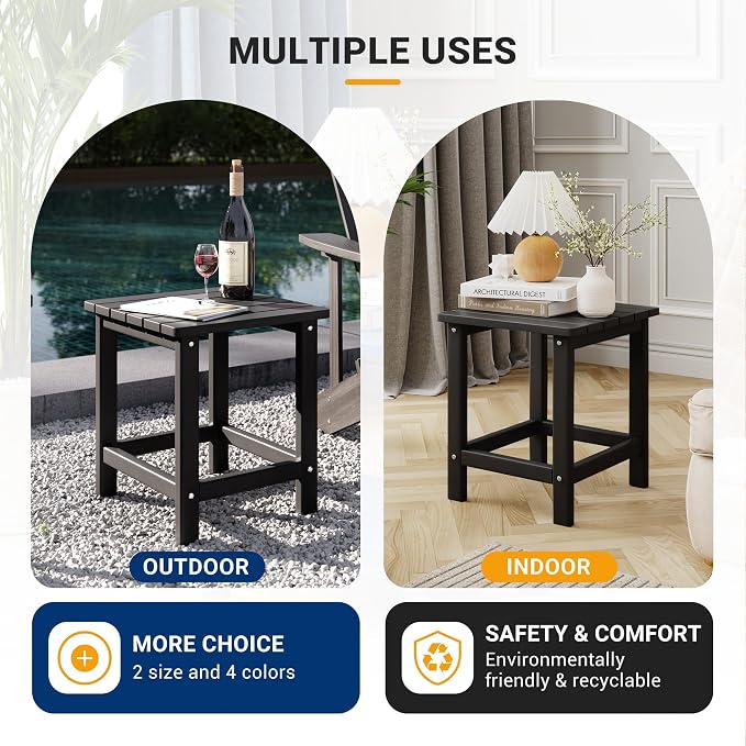UDPATIO Small Side Table, 16x16x17.8 in, Black, Adirondack Table, Indoor & Outdoor Use