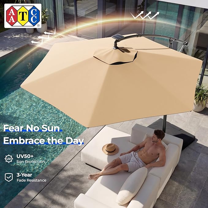 HOMSHADE 10FT Offset Patio Umbrella with Solar Lights, Outdoor Patio Umbrella with Base Included, Easy Tilt and UPF50+ Cantilever Market Hanging Umbrellas for Pool, Deck, Garden, Patio (Beige)