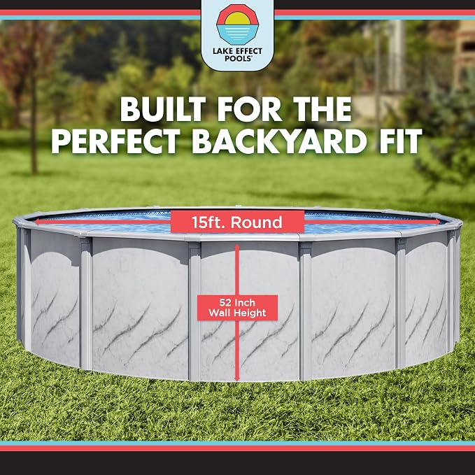 Lake Effect Pools 'Galleria' 15 ft Round Above Ground Swimming Pool | 52 Inch Steel Side Walls | Kit Includes: 25 Gauge Overlap Liner & Widemouth Skimmer