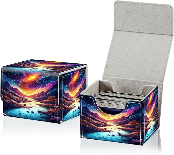 Card Deck Box for MTG, Cards Storage Box Fits 120+ Sleeved, Leather Small Size Strong Magnetic Closing Card Case for Board Games Magic TCG CCG Baseball Collection, Mountains Rivers