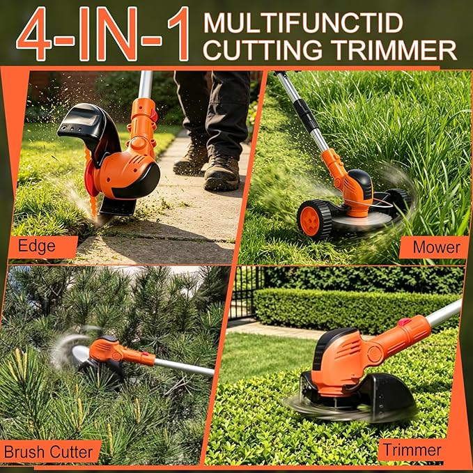 Cordles Weed Wacker, 21V Electric Weed Eater Battery Powered, No String Trimmer with Wheels & Metal Blades, Lightweight Grass Trimmer/Lawn Edger/Brush Cutter, Stringless Weed Trimmer for Yard Garden