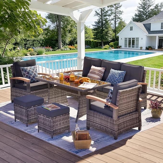 MEISSALIVVE 6 Pieces Patio Furniture Sets, PE Wicker Outdoor Conversation Sets with 2 Wood Armrests Single Chairs, 2 Ottomans and Dining Table (Grey)