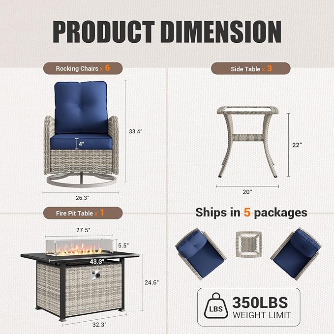 10Pcs Patio Rocking Swivel Chair with 55,000 BTU Fire Pit Table Outdoor Wicker Rattan Bistro Set with Tempered Glass Side Table, Outdoor Patio Furniture Set for Garden and Balcony, Blue