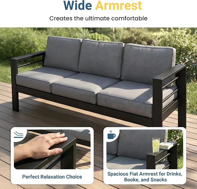 Wisteria Lane 6 Pieces Aluminum Patio Furniture Set with Umbrella, All Weather Oversized Outdoor Furniture Set with Deep Seat and Back Cushion, Patio Conversation Sets Wide armrest, Light Gray & Kahki