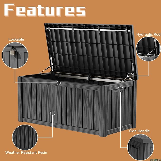ROJIK Outdoor Storage Box – 150 Gallon Mobile Waterproof Resin Deck Box, Lockable Storage for Patio Cushions, Garden Tools, Pool Accessories – UV-Resistant Storage Bench for Backyard & Deck(Black)