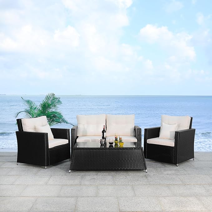 SAFAVIEH Outdoor Collection Lorma Black/Light Grey Wicker 4-Piece Conversation Patio Set