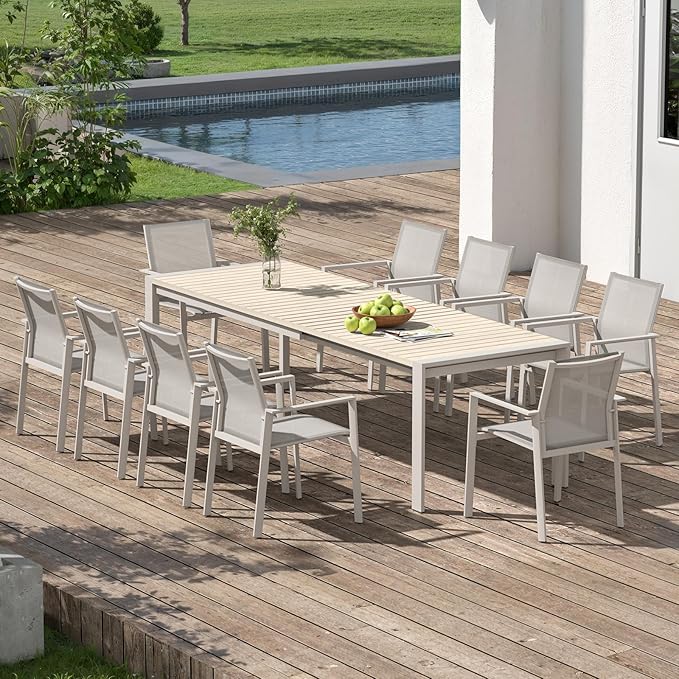 11 Pieces Expandable Outdoor Dining Set for 10, Never-Rust Aluminum Extendable Dining Table Set, Patio Dining Table with Wood Grain Top and 10 Stackable Dining Chairs for Outside, Indoor
