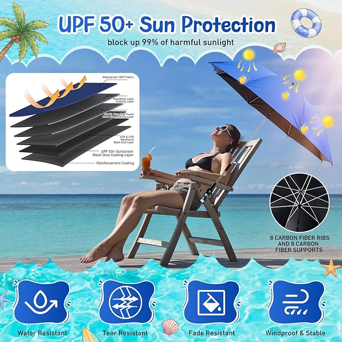 Sadnyy 6 Pcs Beach Chair Umbrella with Universal Clamp, 360 ° Adjustable Clip on Umbrellas 42" UPF 50+ Portable Sun Shade for Beach Chair Patio Camping Wheelchair Stroller Golf Cart