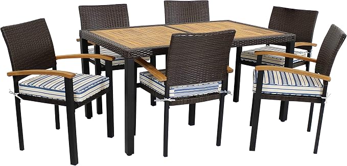 Sunnydaze Carlow 7-Piece Rattan and Acacia Outdoor Dining Set - 1 Table and 6 Chairs with Seat Cushions - Blue Stripe