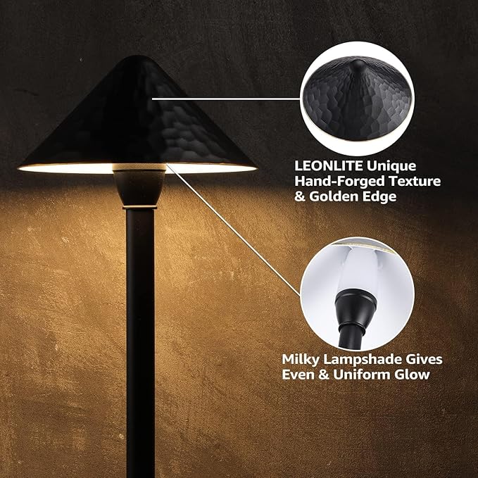 LEONLITE LED Low Voltage Landscape Path Light, 3W 12-24V AC/DC, Pathway Lighting Wired, Outdoor Light for Yard Lawn, ETL CRI90+ Unique Vintage Golden Edge, Black Aluminum, 3000K Warm White, Pack of 4