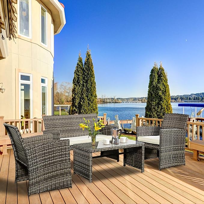 Tangkula 4 PCS Patio Conversation Set Outdoor Poolside Balcony Wicker PE Rattan Sectional Sofa Set Wicker Furniture Set