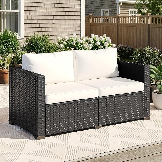 LazySunsets 1-Piece Outdoor Patio Furniture Set, Rattan Outdoor Sectional with Thick Waterproof Cushions, Wicker Ottomans & Waterproof Cover, Patio Conversation Set for Garden, Backyard, Beige